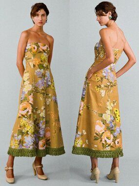 Lovaan Phillipa Dress Meadow Gold Green Floral Linen Strapless Midi Size 8